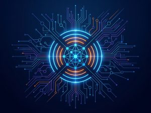 Koyu lacivert arka planda merkezi bir sinyal düğümünden dallanan devre/ağ desenli, haftalık yapay zeka gündemi serisini simgeleyen kavramsal görsel.